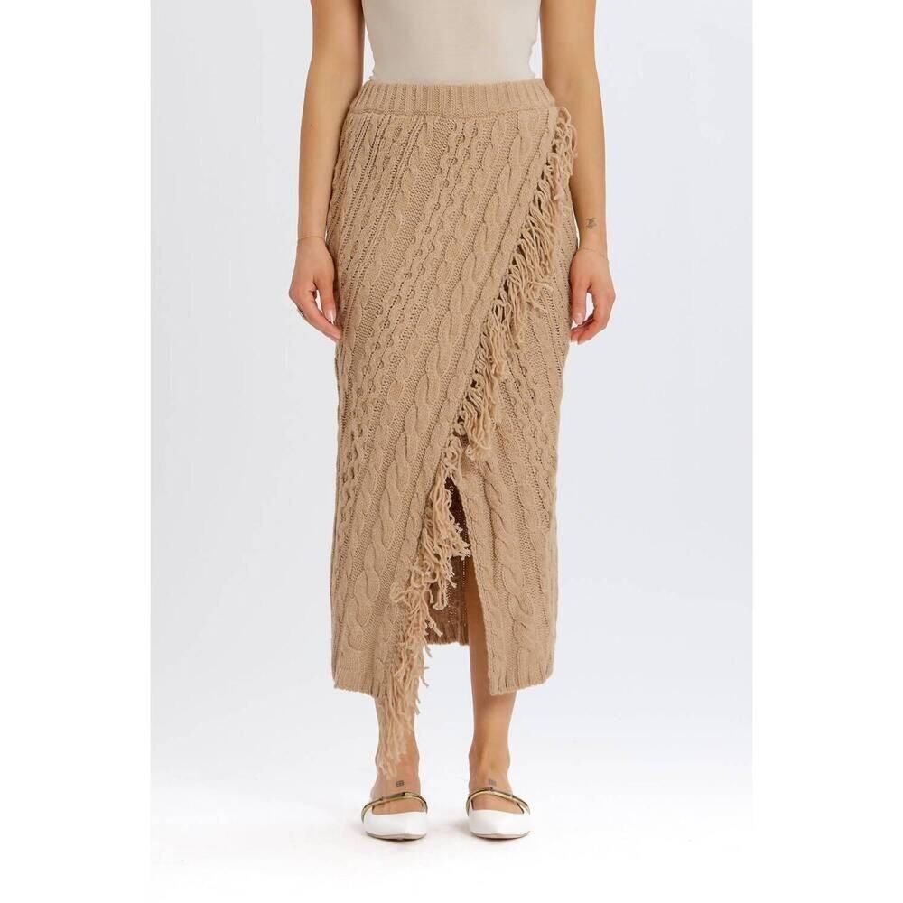 Something Navy Tan Cable Knit Asymmetric Fringe Skirt S NWT